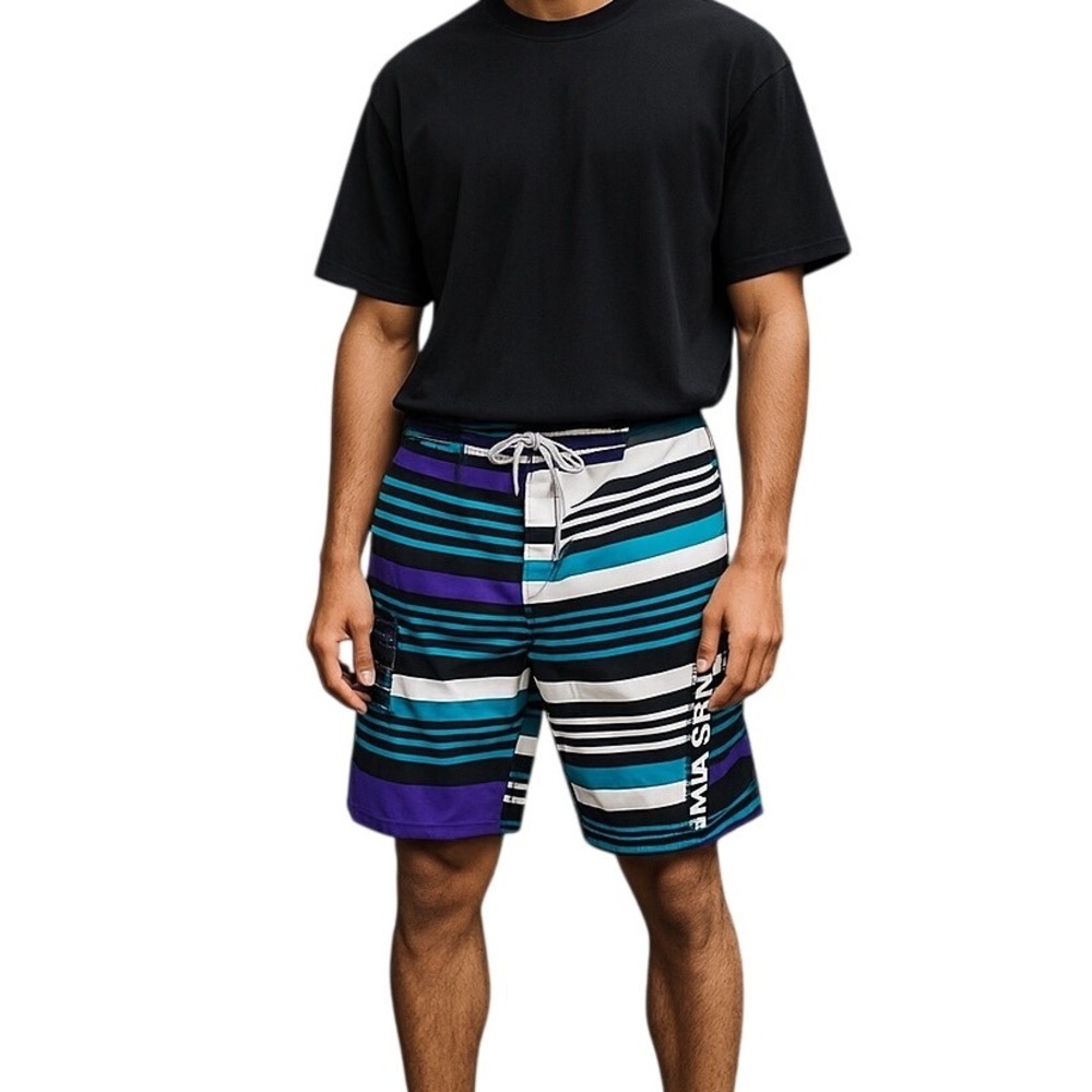 Maui and Sons Board Shorts Size 36 White Blue Purple Striped Drawstring Waist